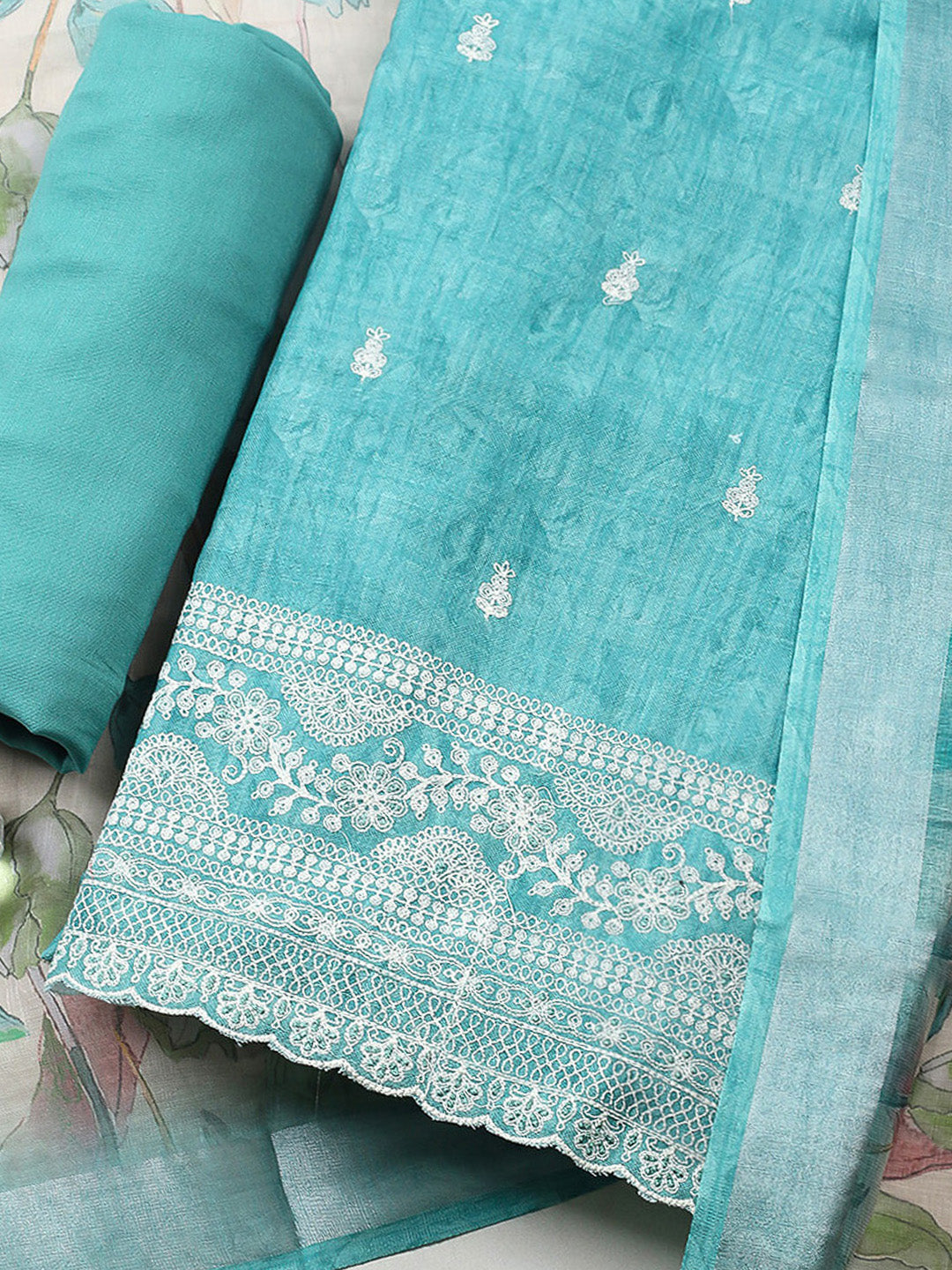 Embroidered Linen Blend Unstitched Suit With Pant &amp; Dupatta