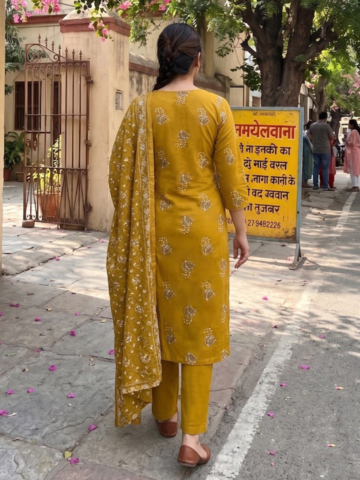 Neck Embroidered Cotton Blend Kurta With Pant &amp; Dupatta