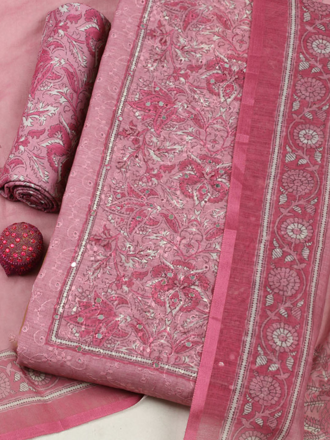 Embroidered Chanderi Unstitched Suit With Pant &amp; Dupatta