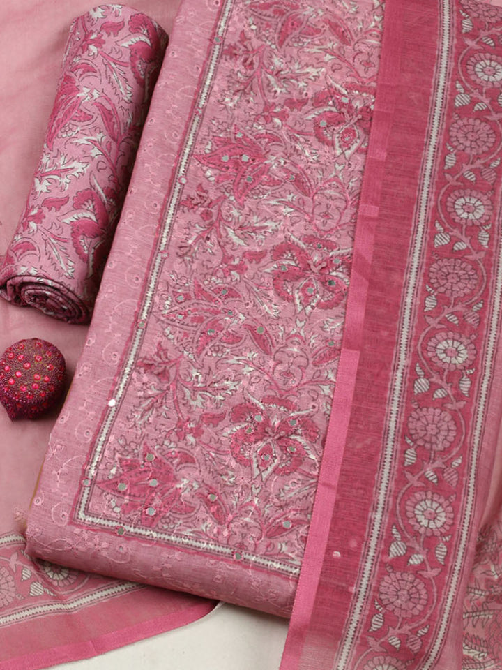 Embroidered Chanderi Unstitched Suit With Pant &amp; Dupatta