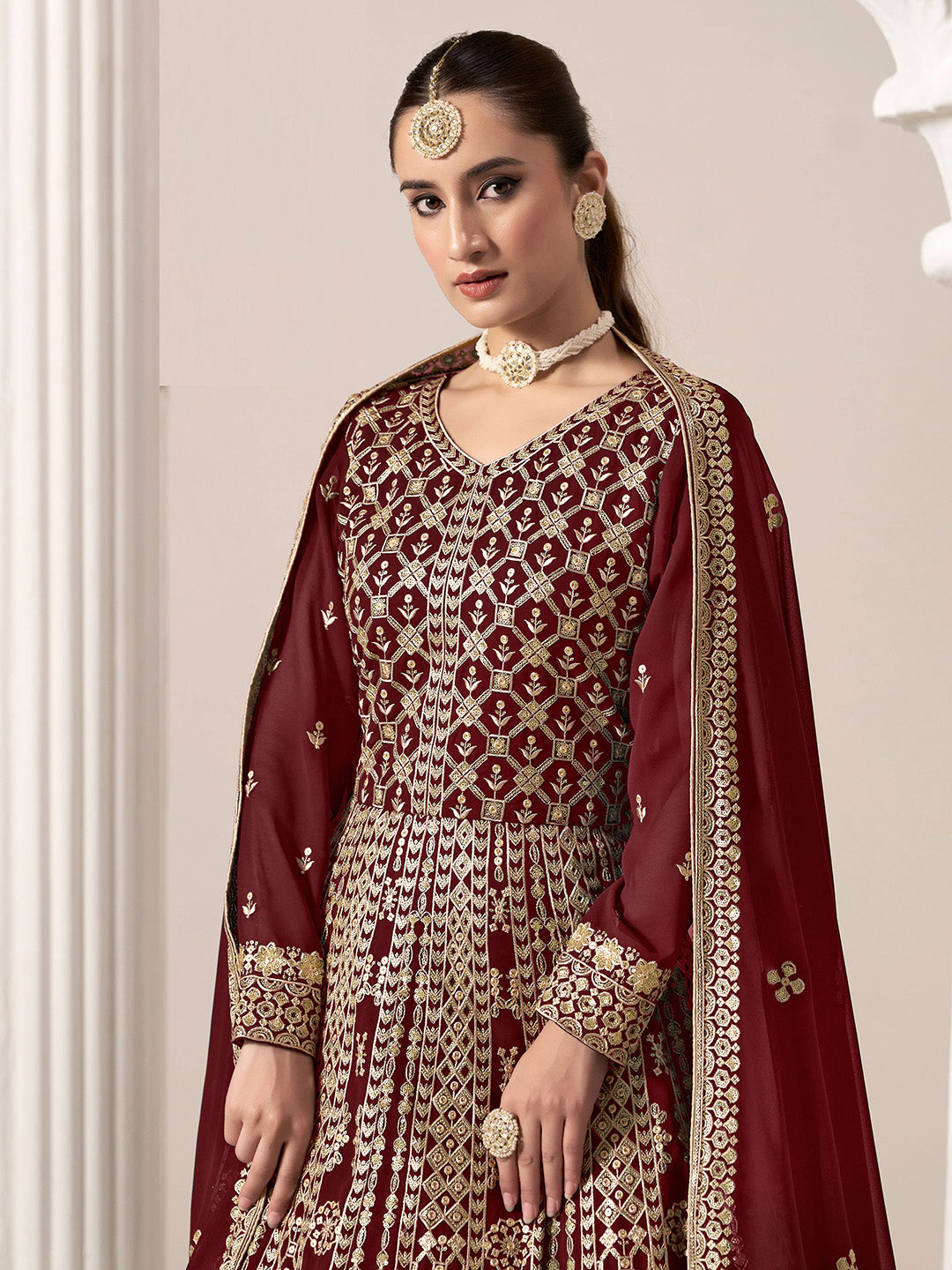 Embroidered Georgette Semi Stitched Kurta With Salwar &amp; Dupatta