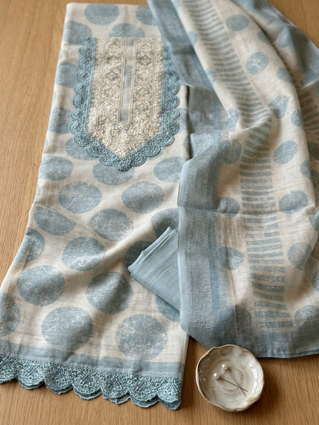 Embroidered Linen Blend Unstitched Suit With Pant &amp; Dupatta