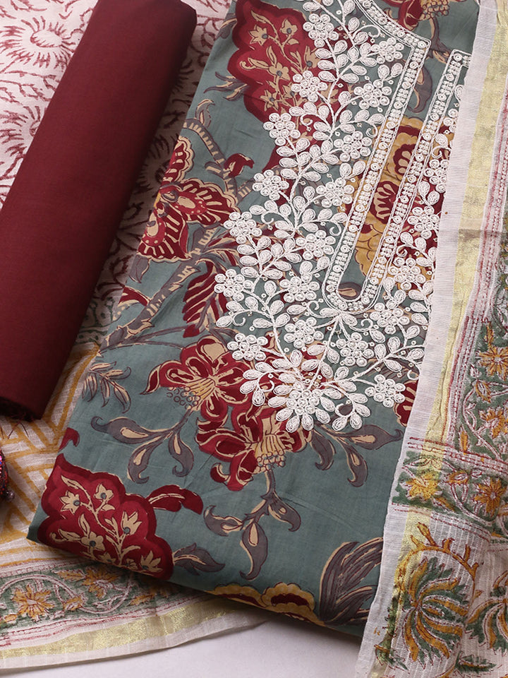 Printed Cotton Blend Unstitched Suit With Pant &amp; Dupatta