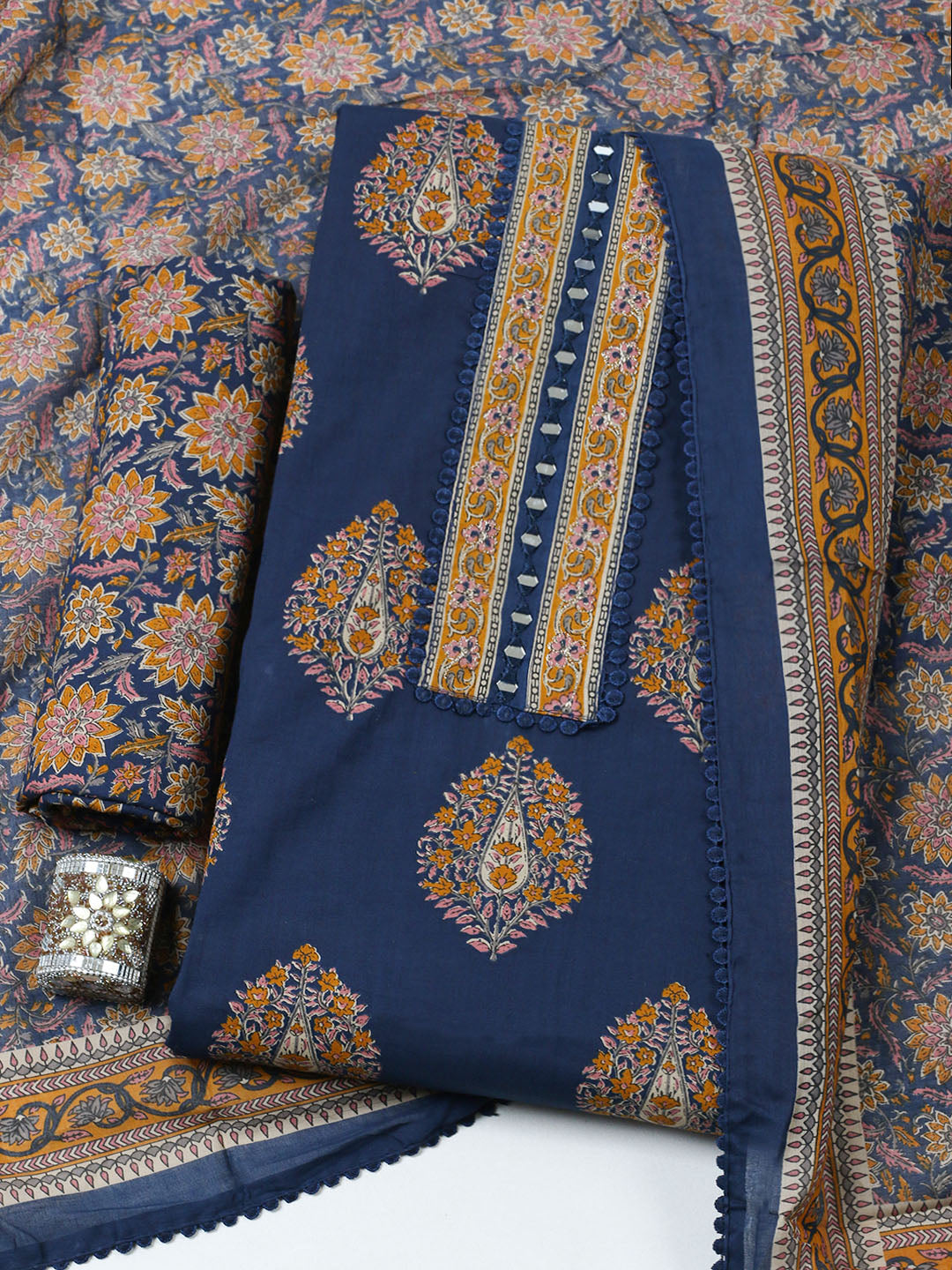 Embroidered Cotton Unstitched Suit With Pant &amp; Dupatta