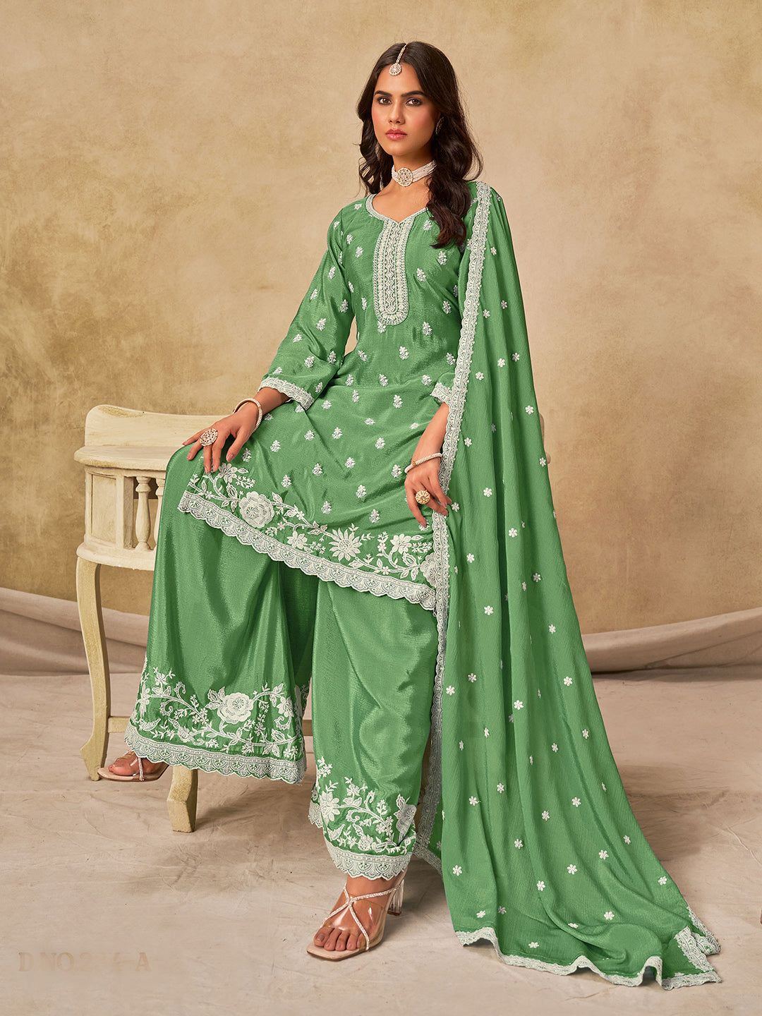 Embroidered Chinnon Semi Stitched Kurta With Plazzo &amp; Dupatta