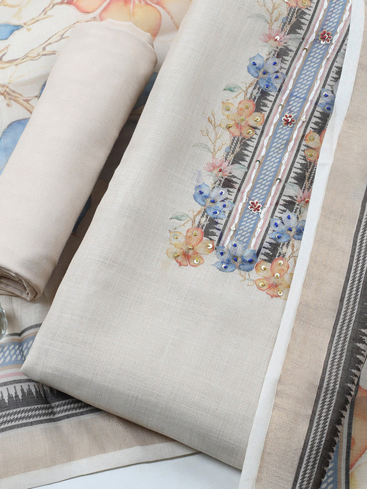 Printed Linen Blend Unstitched Suit With Pant &amp; Dupatta