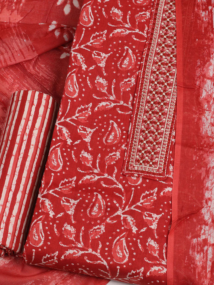 Printed Cotton Unstitched Suit With Pant &amp; Dupatta