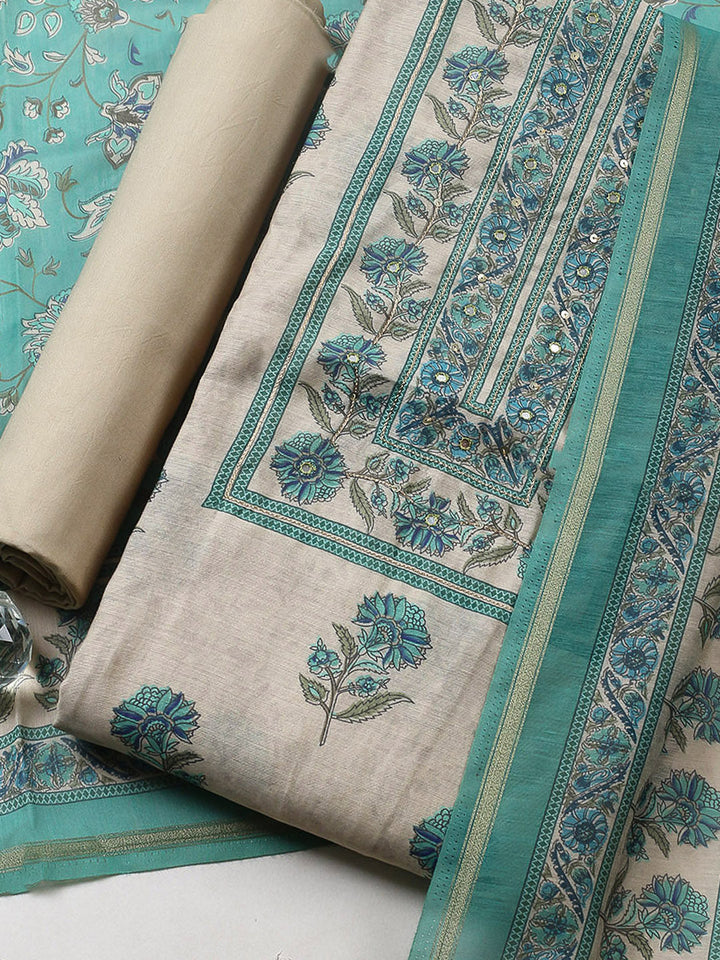 Printed Chanderi Unstitched Suit With Pant &amp; Dupatta