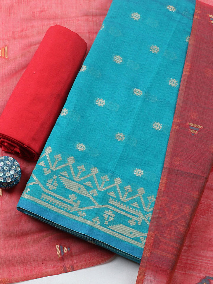 Printed Chanderi Unstitched Suit With Pant &amp; Dupatta