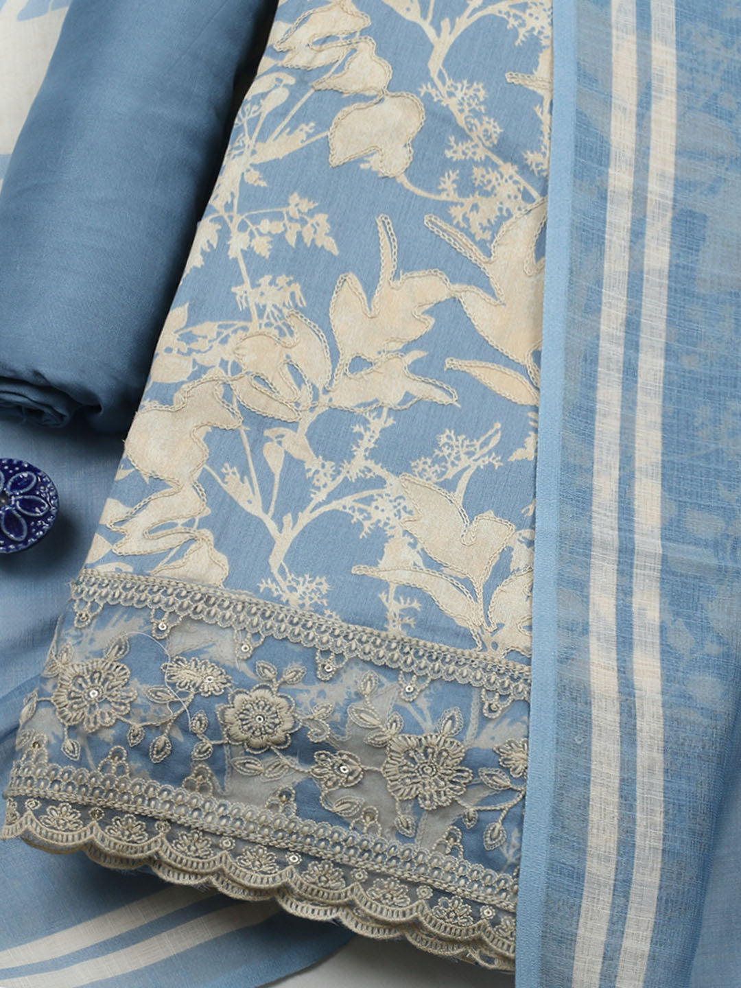 Embroidered Cotton Blend Unstitched Suit With Pant &amp; Dupatta