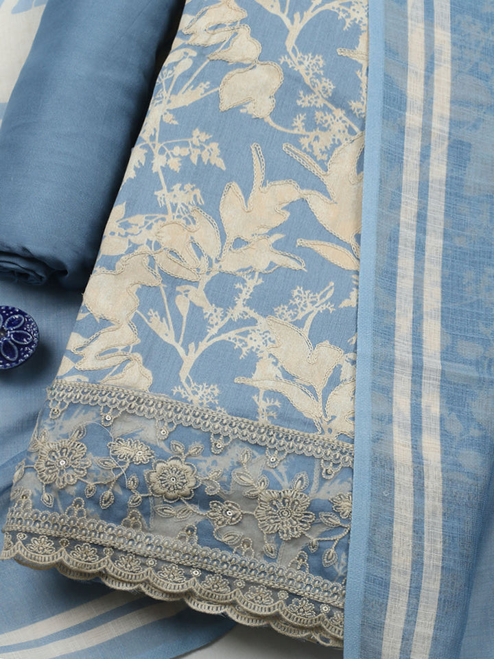 Embroidered Cotton Blend Unstitched Suit With Pant &amp; Dupatta