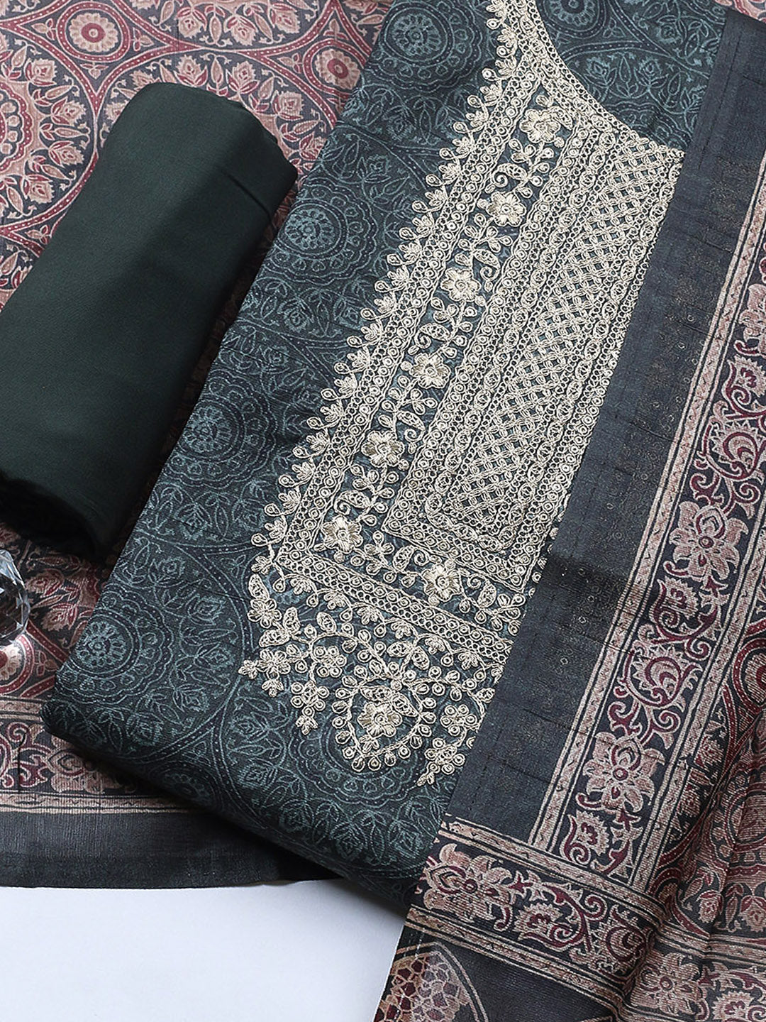 Embroidered Cotton Blend Unstitched Suit With Pant &amp; Dupatta