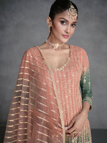 Embroidered Sequin Georgette Kurta With Palazzo And Dupatta