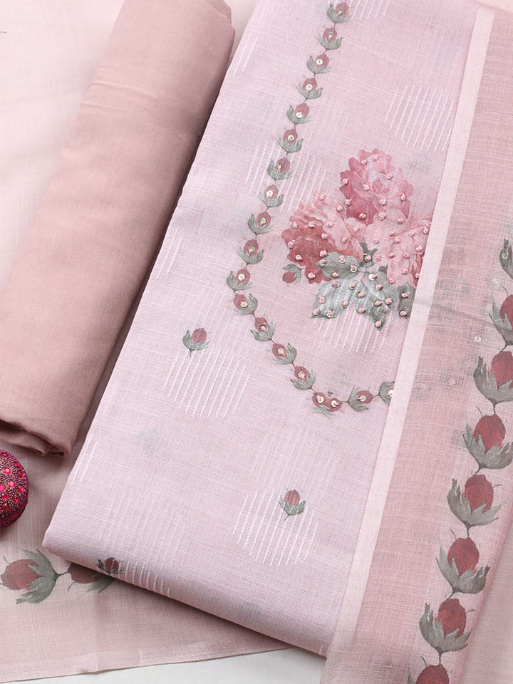 Embroidered Linen Blend Unstitched Suit With Pant Dupatta
