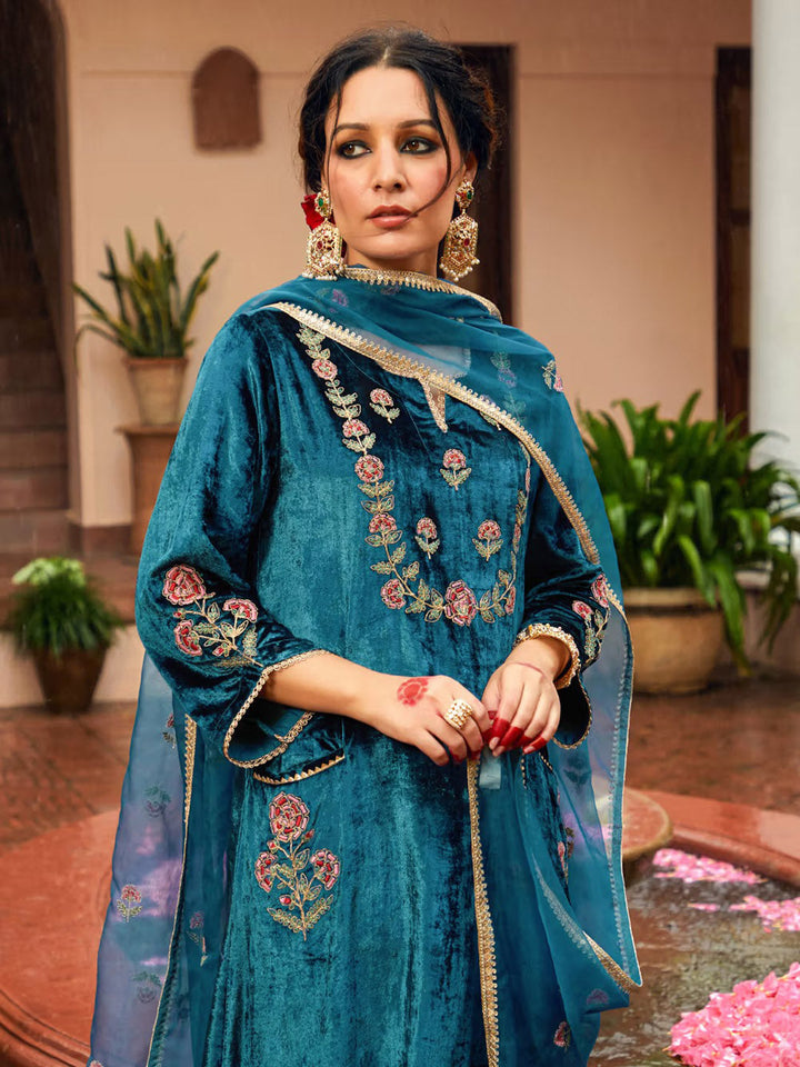 Embroidered Velvet Kurta With Pants &amp; Dupatta