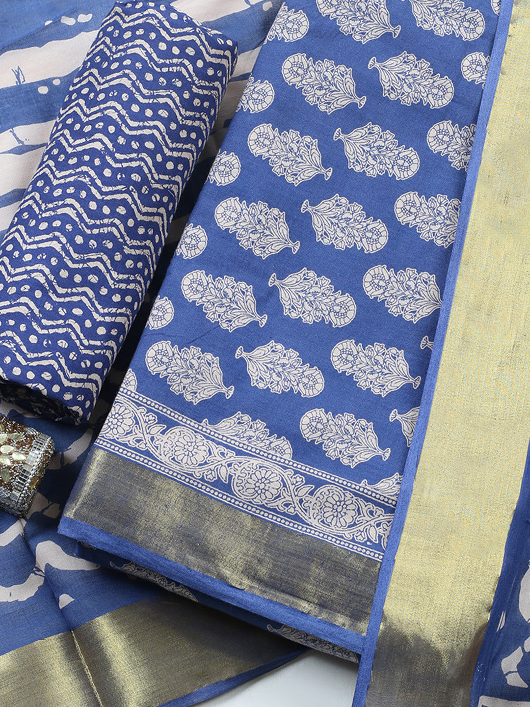 Printed Cotton Blend Unstitched Suit With Pant &amp; Dupatta