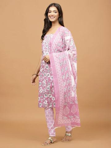 Floral Printed Cotton Blend Unstitched Suit Piece With Dupatta