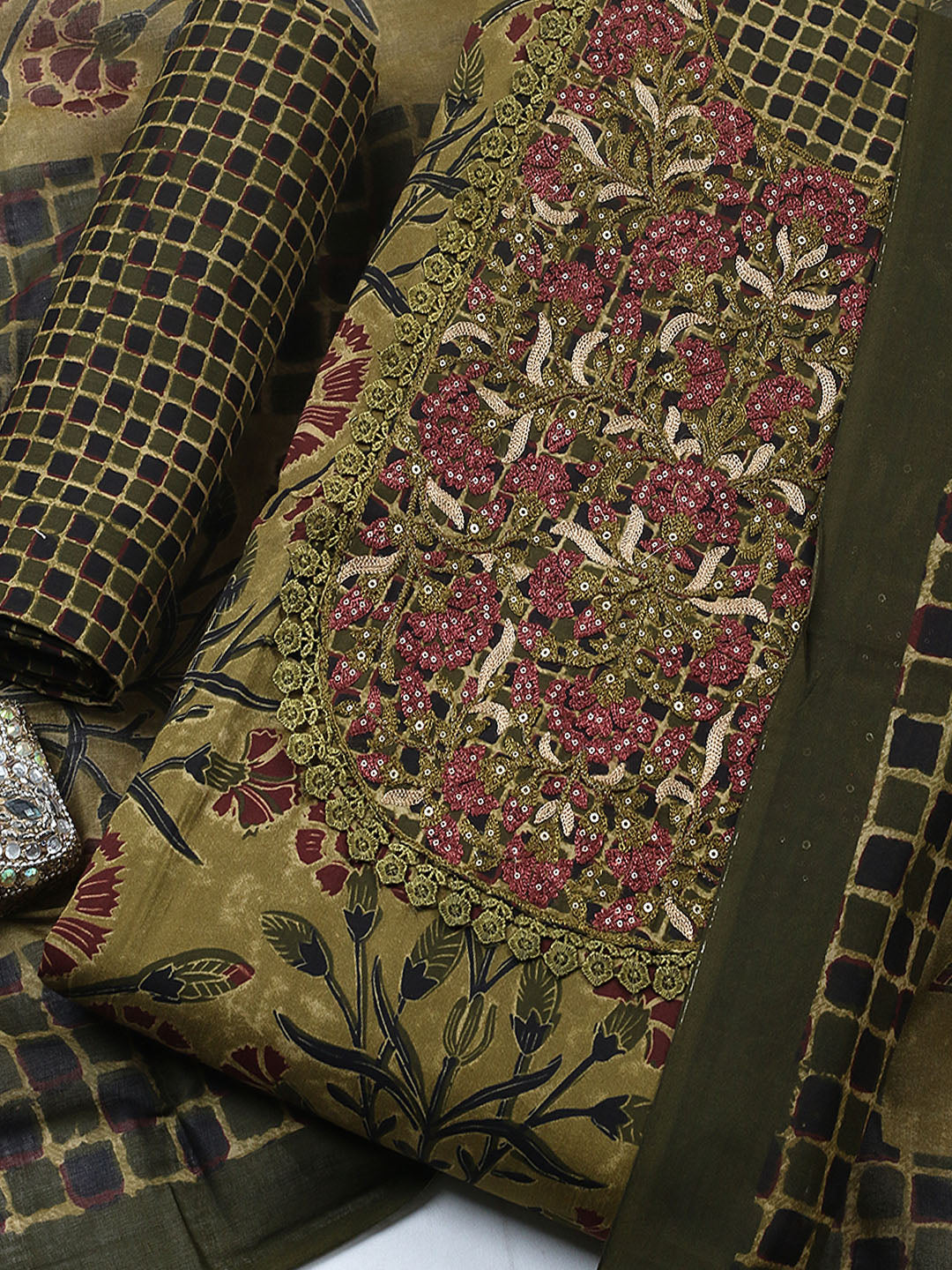 Embroidered Cotton Blend Unstitched Suit With Pant &amp; Dupatta