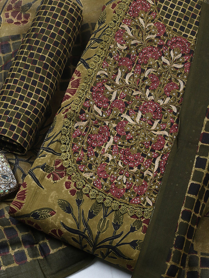 Embroidered Cotton Blend Unstitched Suit With Pant &amp; Dupatta
