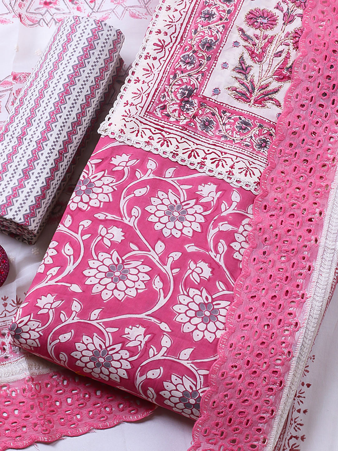 Embroidered Cotton Blend Unstitched Suit With Pant &amp; Dupatta