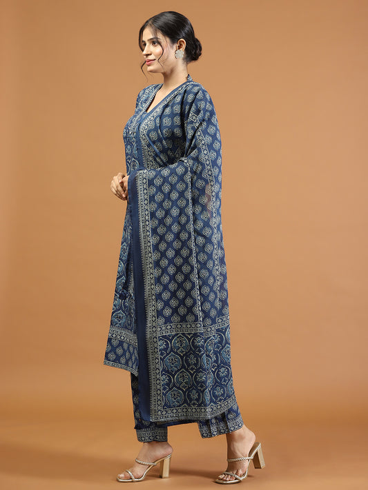 Printed Cotton Blend Kurta With Pants & Dupatta