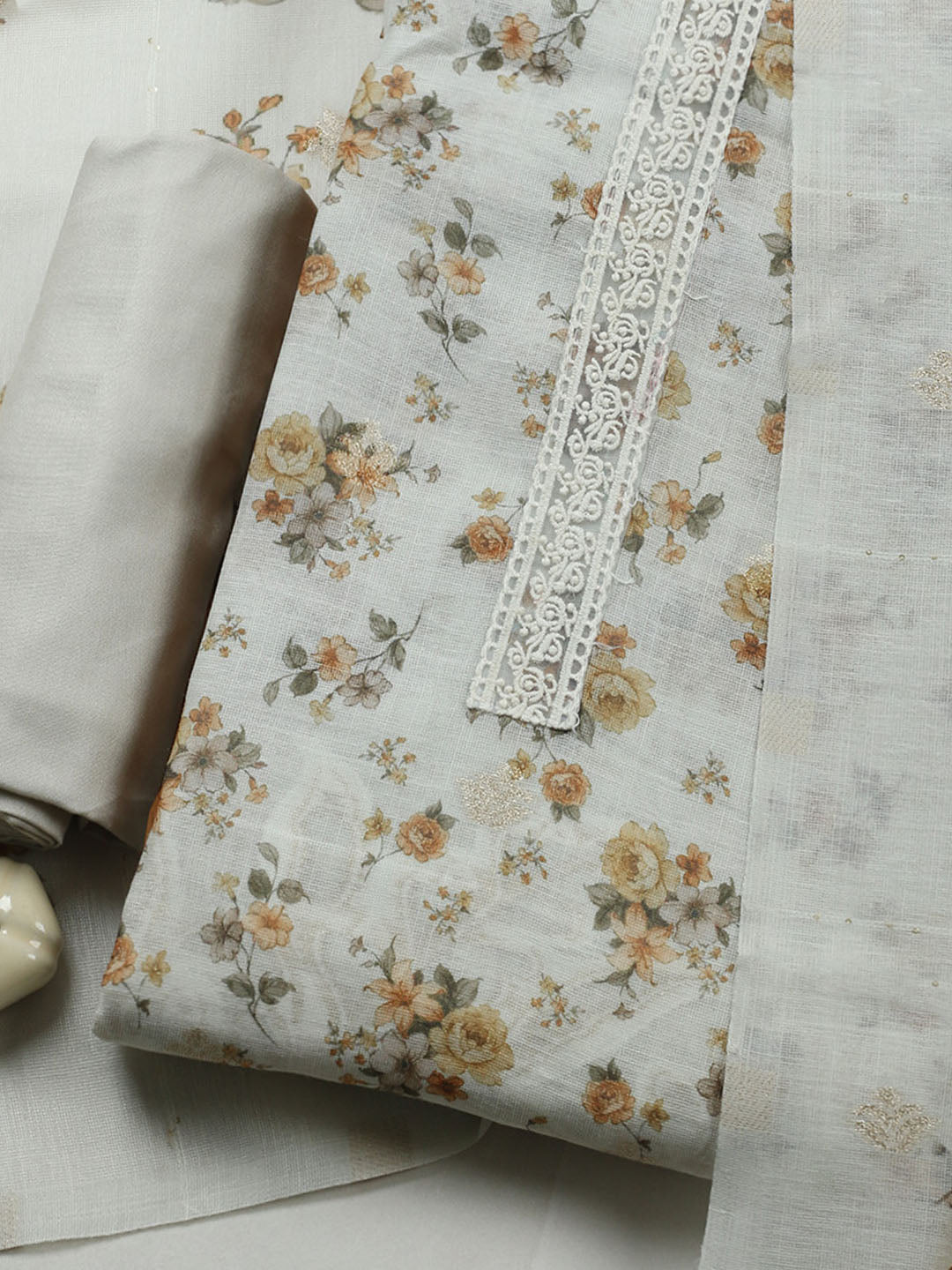 Embroidered Linen Blend Unstitched Suit With Pant &amp; Dupatta
