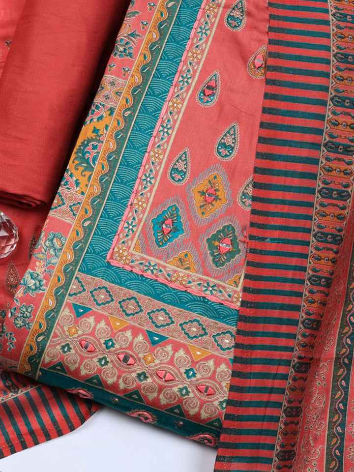 Printed Cotton Blend Unstitched Suit With Pant &amp; Dupatta
