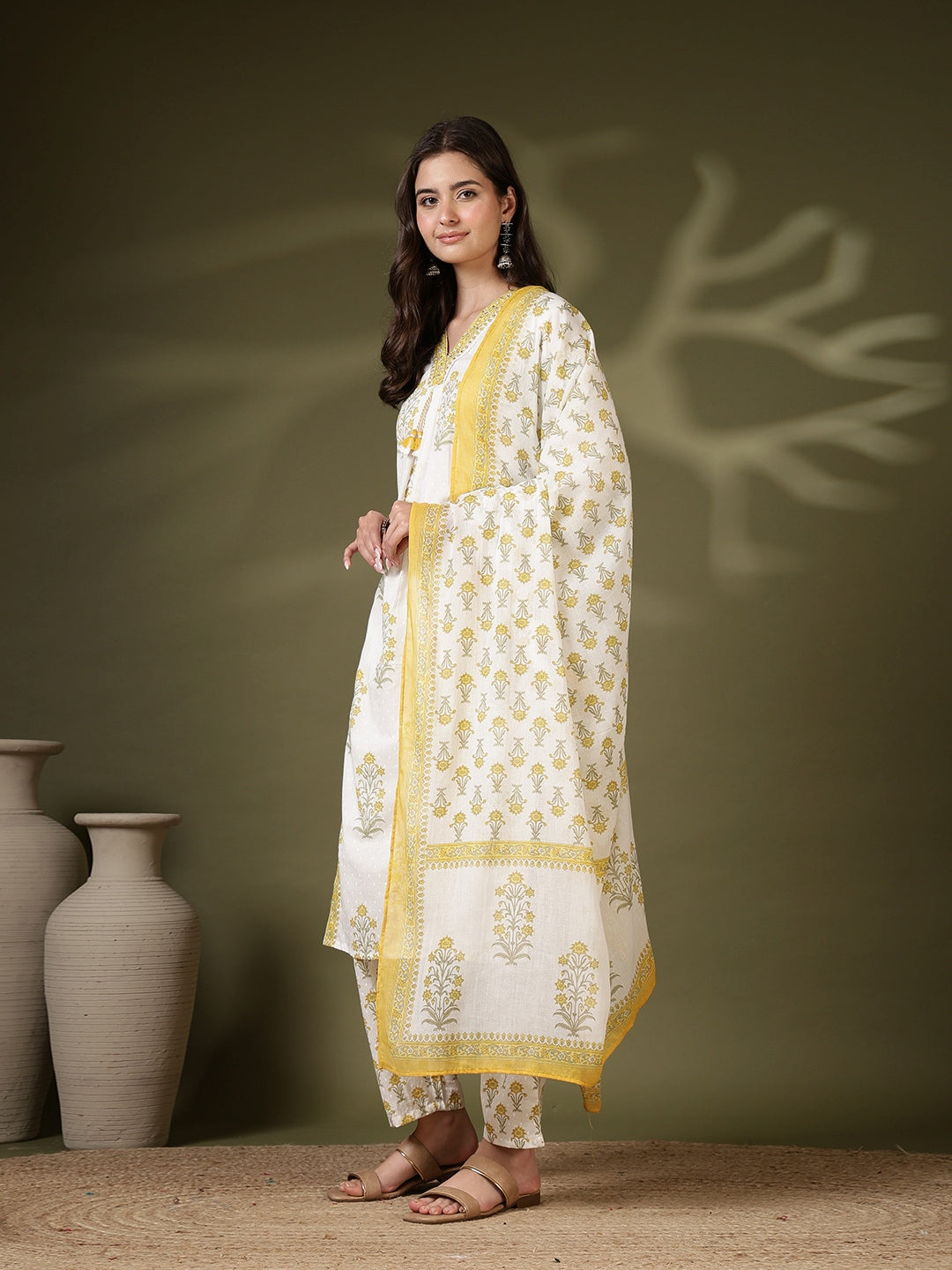 Printed Cotton Blend Kurta With Pant &amp; Dupatta