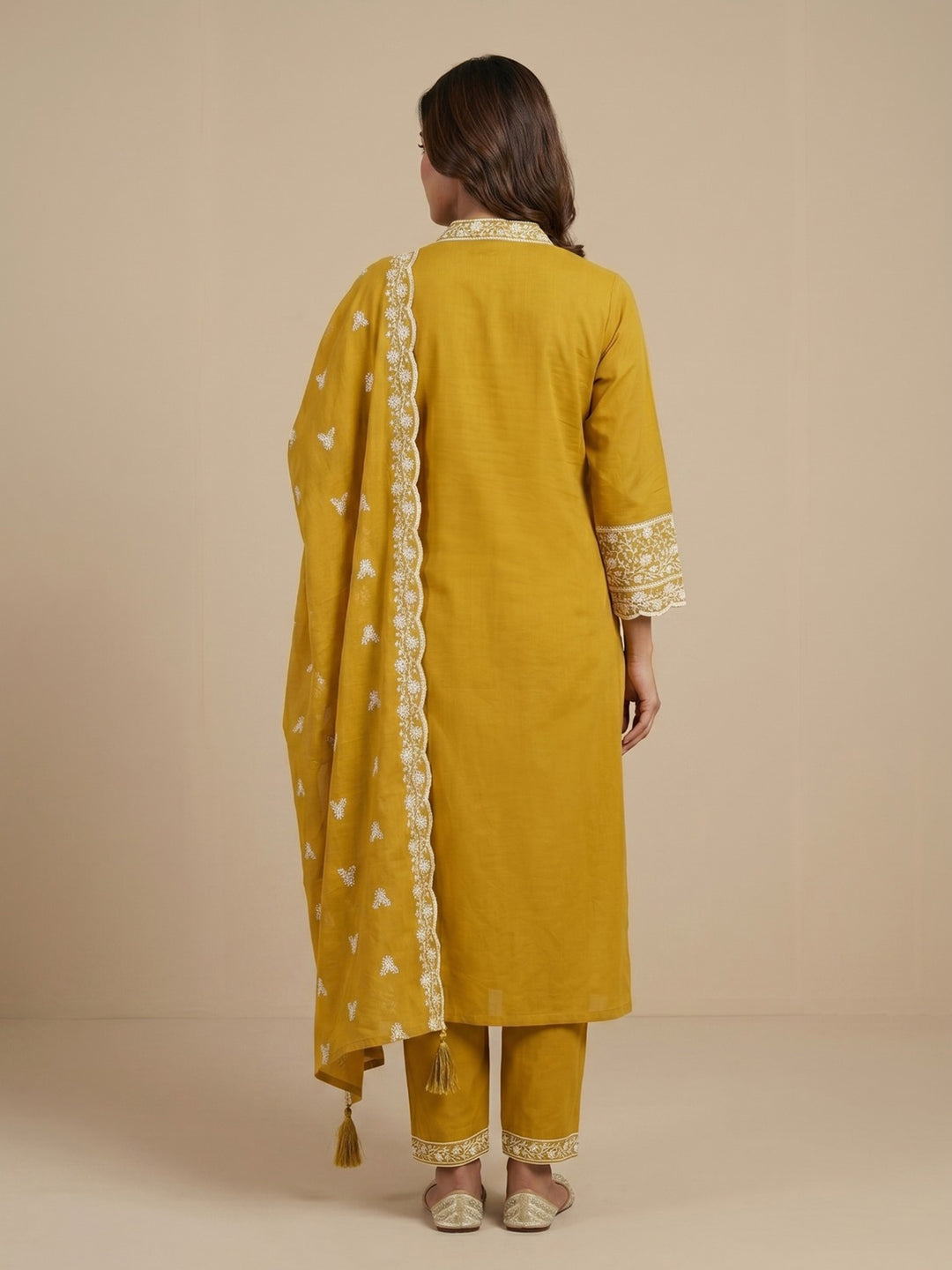 Mustard Embroidered Cotton Blend Straight Round Neck Suit Set