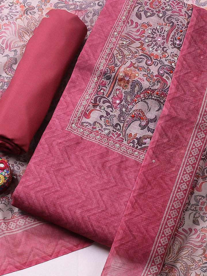 Embroidered Chanderi Unstitched Suit With Pant &amp; Dupatta