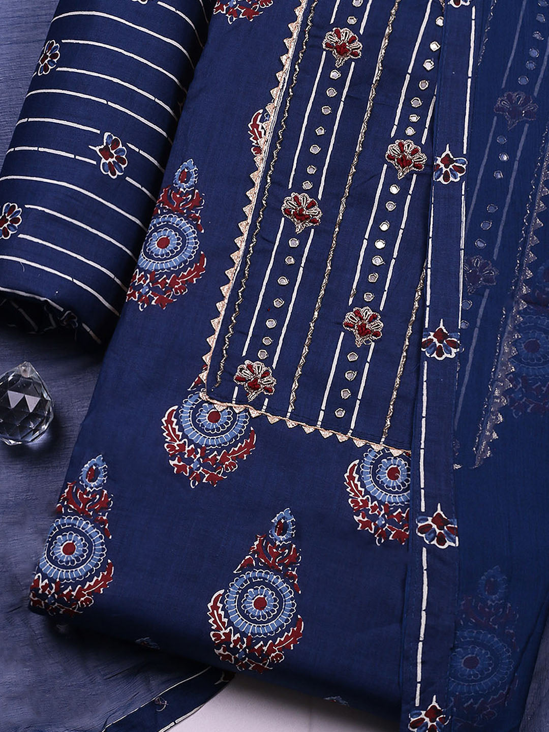 Embroidered Cotton Blend Unstitched Suit With Pant &amp; Dupatta