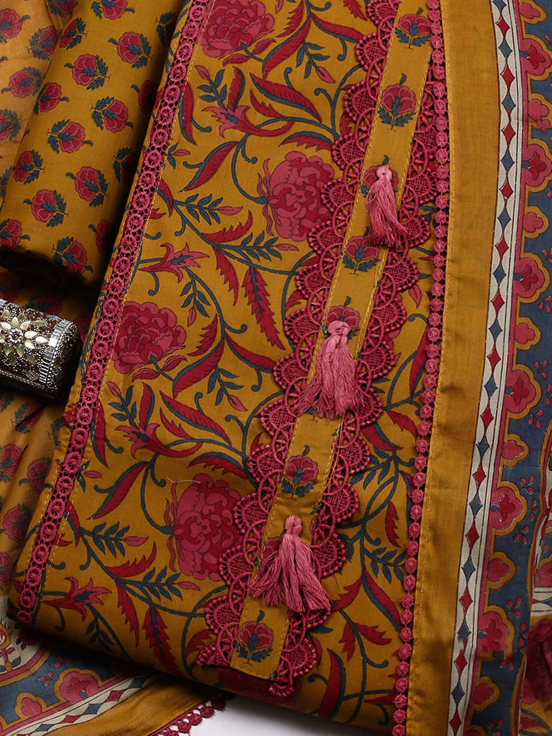 Embroidered Cotton Blend Unstitched Suit With Pant &amp; Dupatta