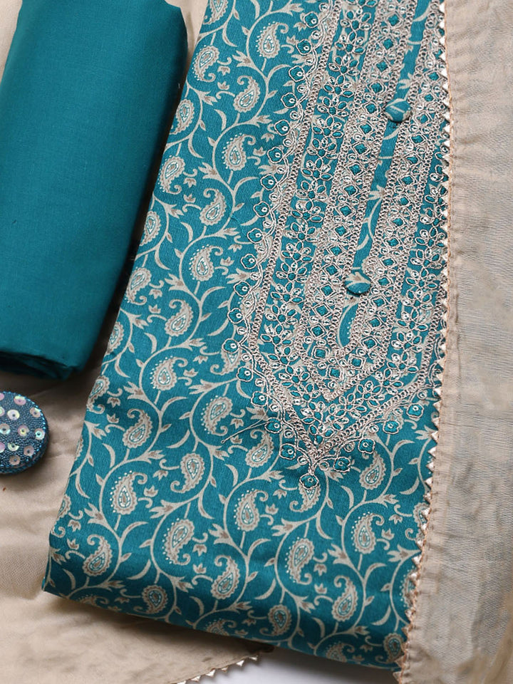 Embroidered Cotton Unstitched Suit With Pant &amp; Dupatta
