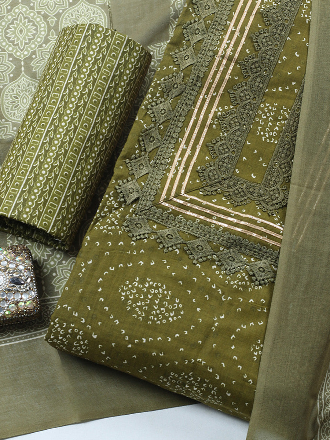 Printed Cotton Blend Unstitched Suit With Pant &amp; Dupatta