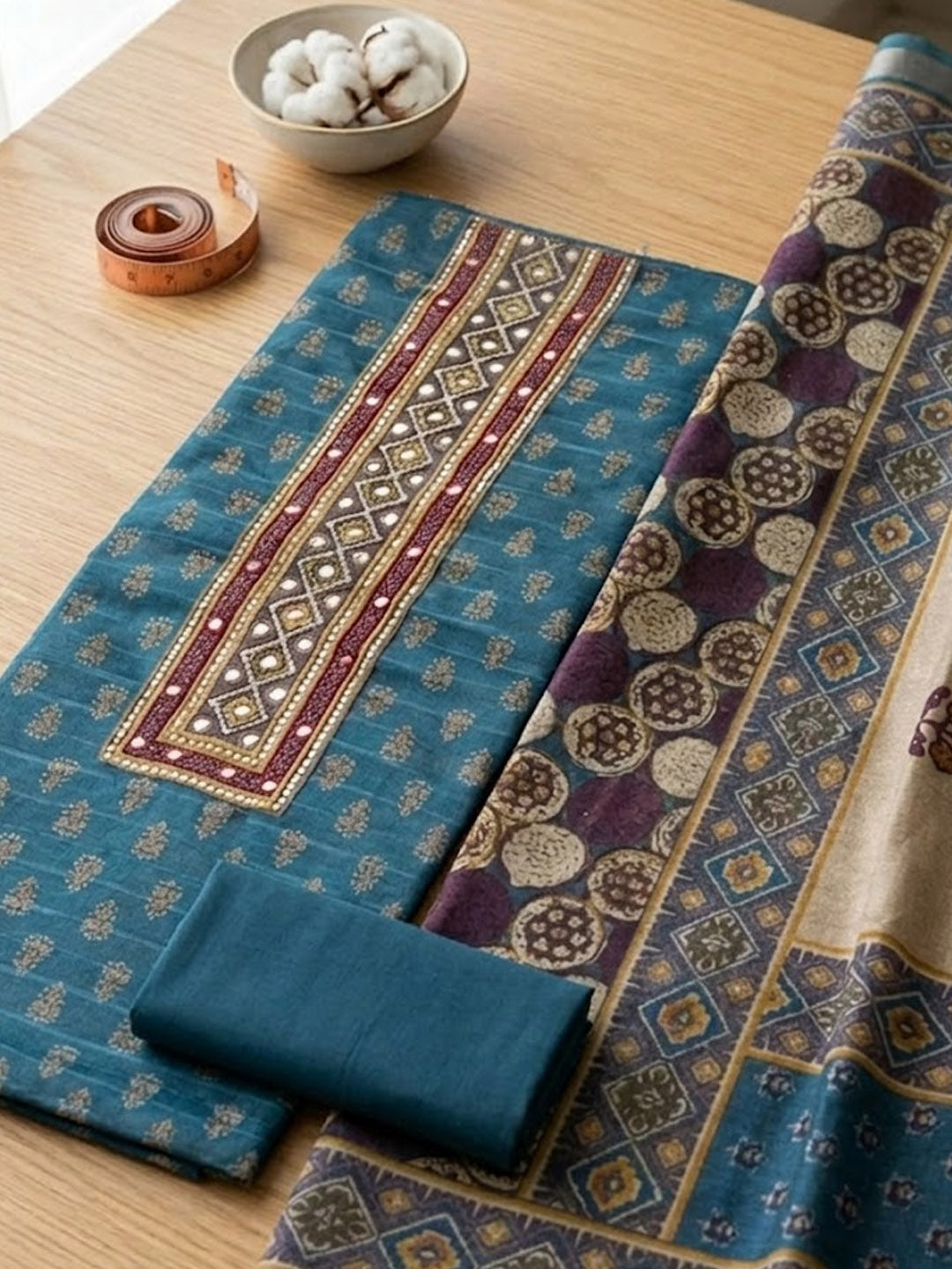 Embroidered Art Silk Unstitched Suit With Pant &amp; Dupatta