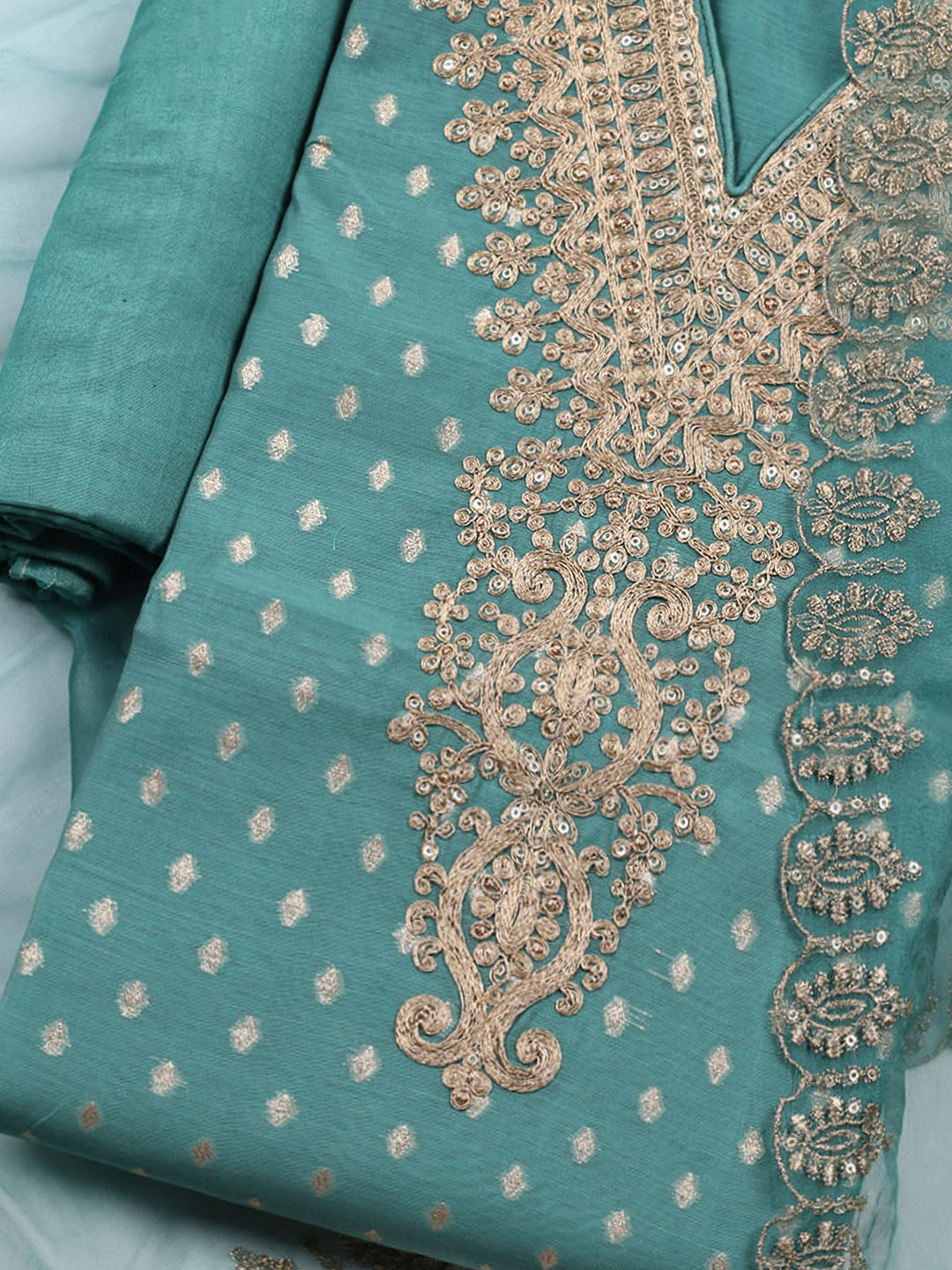Neck Embroidered Chanderi Unstitched Suit With Dupatta