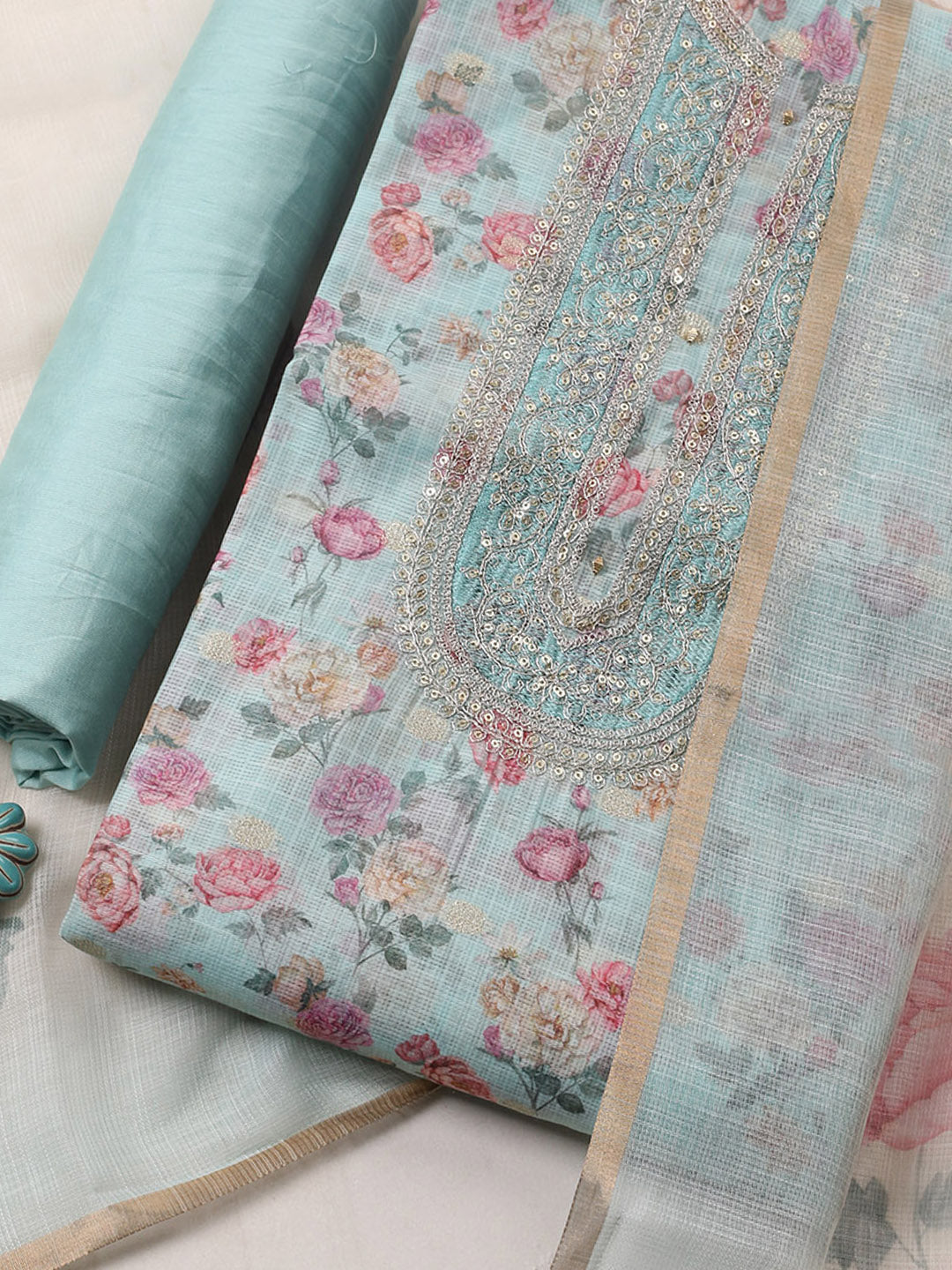 Embroidered Cotton Blend Unstitched Suit With Pant &amp; Dupatta
