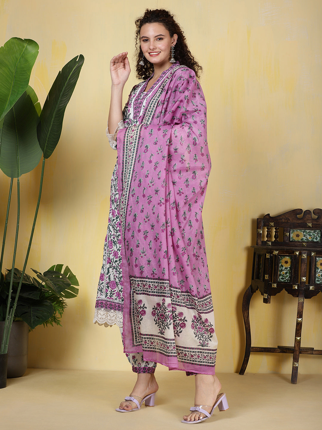 Printed Cotton Blend Kurta With Pants &amp; Dupatta