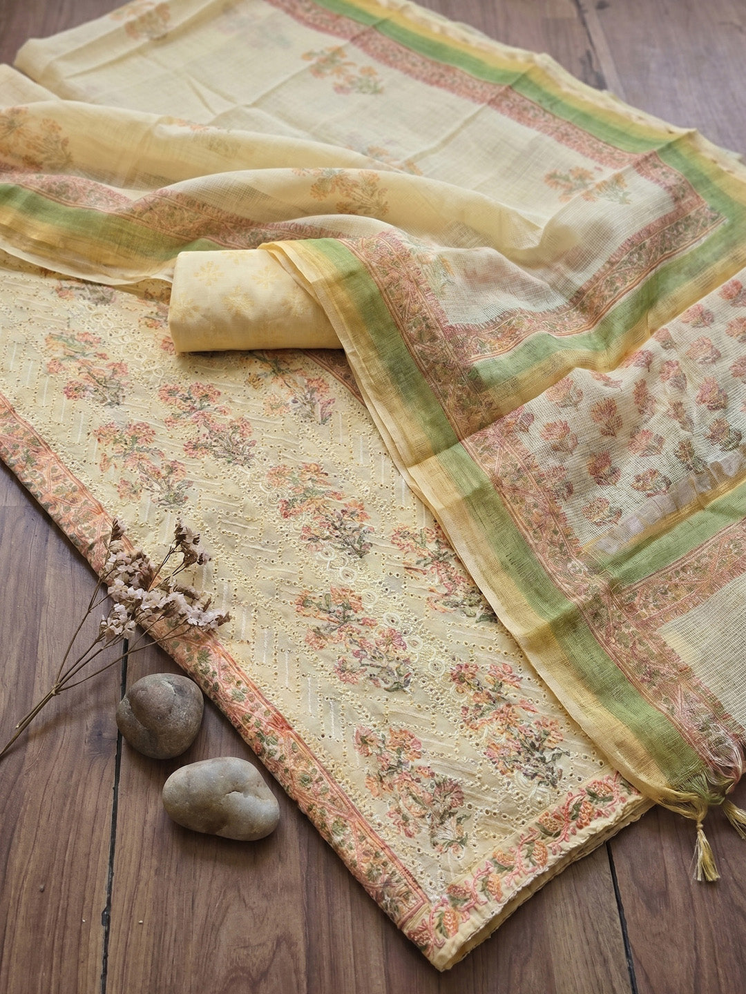 Printed Cotton Blend Unstitched Suit With Pant &amp; Dupatta