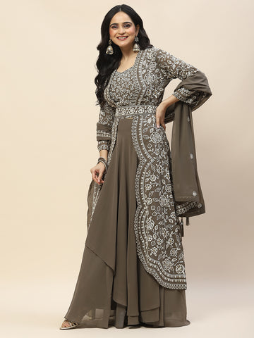 Resham Jaal Embroidery Georgette Choli With Jacket, Lehenga & Dupatta