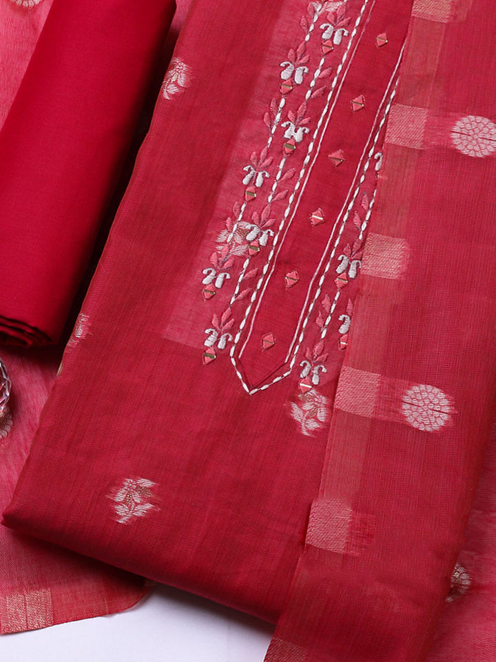 Embroidered Cotton Blend Unstitched Suit With Pant &amp; Dupatta