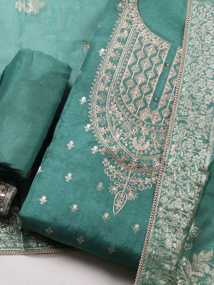 Embroidered Chanderi Unstitched Suit With Pant &amp; Dupatta