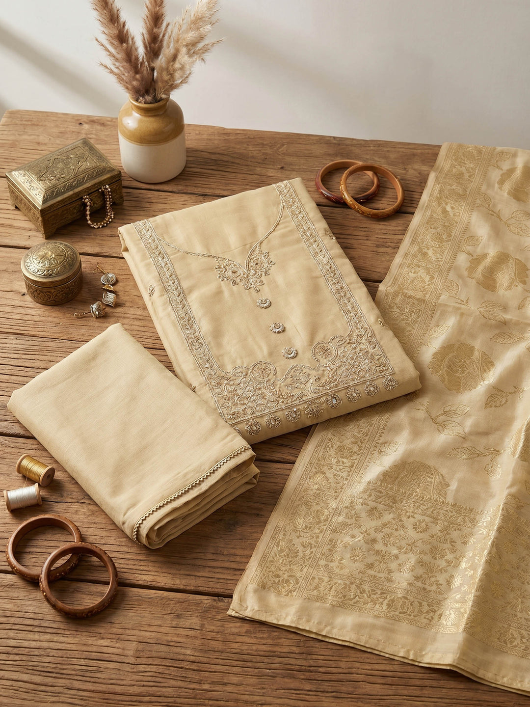 Neck Embroidered Cotton Blend Unstitched Suit With Dupatta