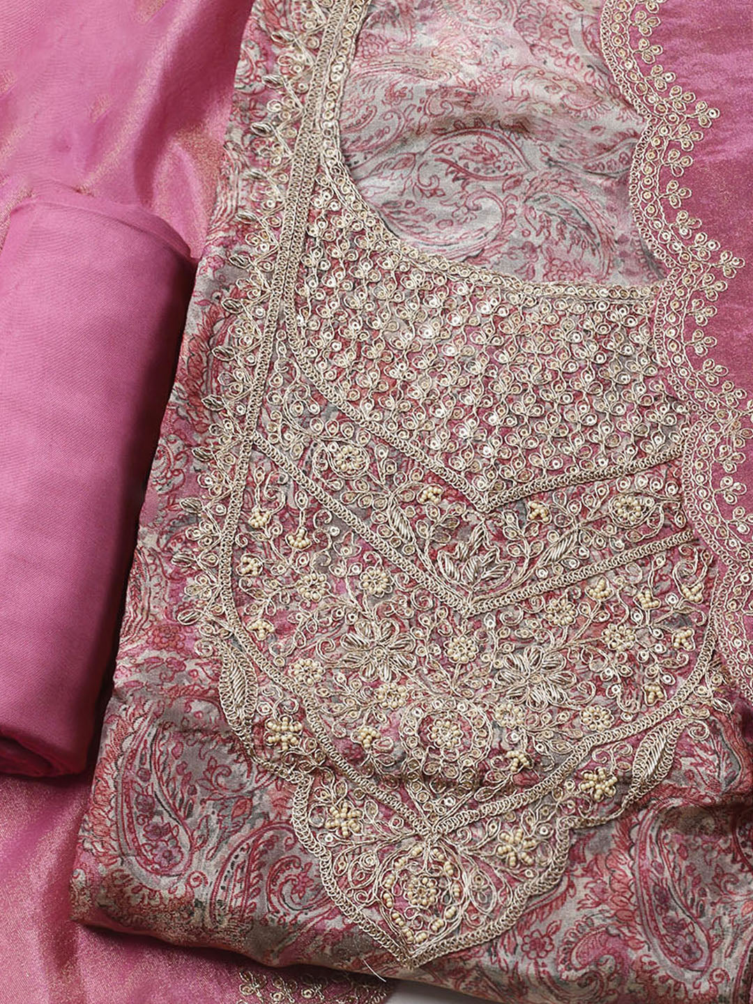 Embroidered Tissue Unstitched Kurta With Pant &amp; Dupatta