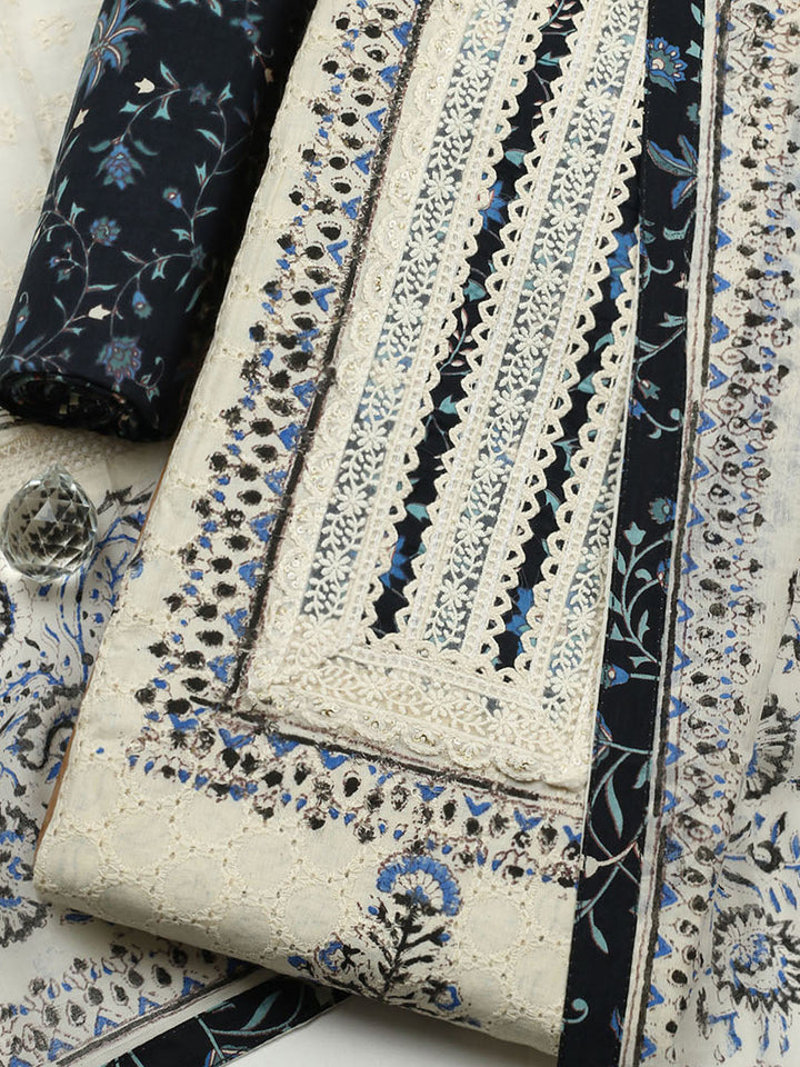 Printed Cotton Blend Unstitched Suit With Pant &amp; Dupatta