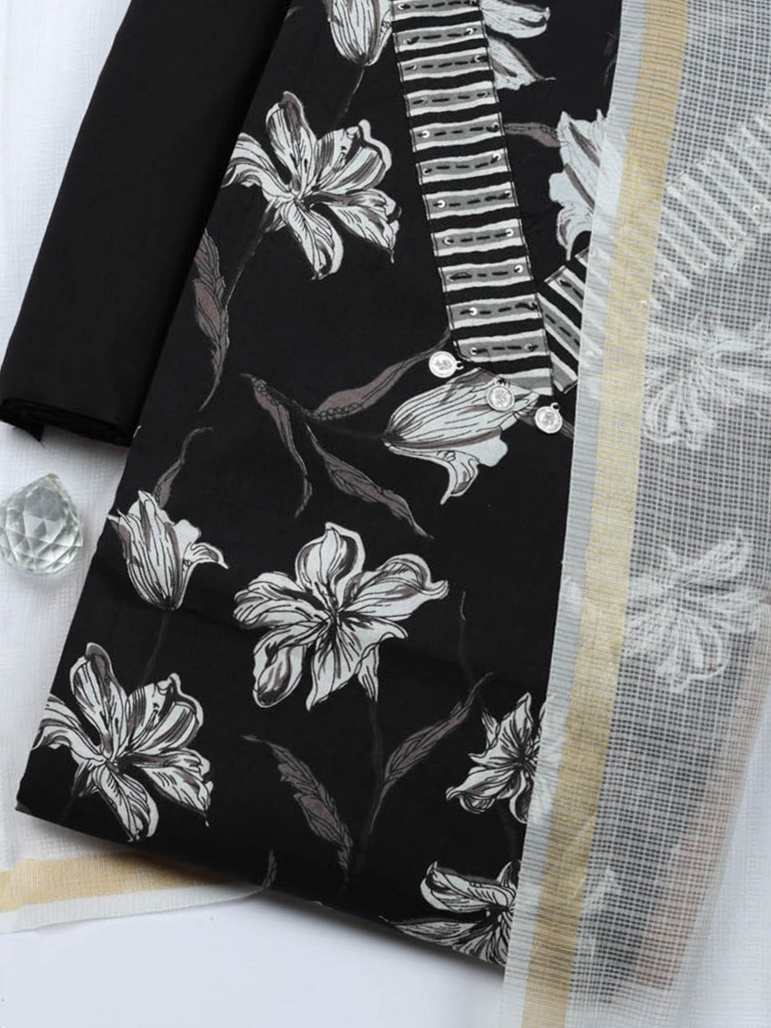 Printed Cotton Blend Unstitched Suit With Pant &amp; Dupatta