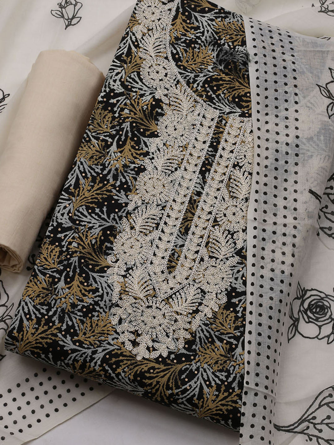 Neck Embroidered Cotton Blend Unstitched Suit With Dupatta
