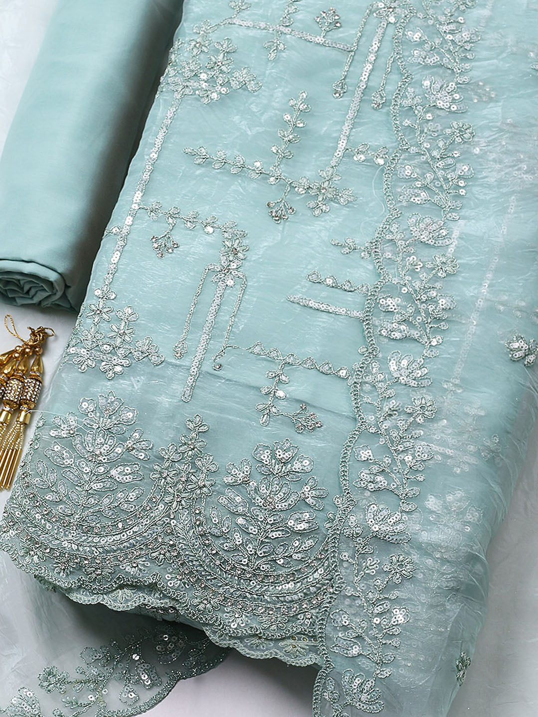 Embroidered Organza Unstitched Suit With Pant &amp; Dupatta