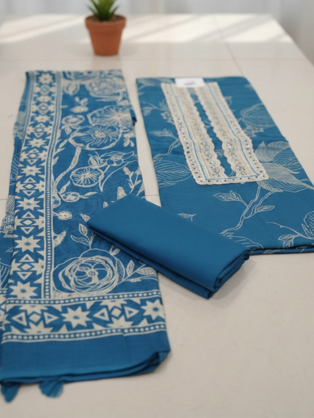 Printed Cotton Blend Unstitched Suit With Pant &amp; Dupatta