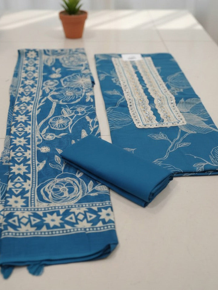 Printed Cotton Blend Unstitched Suit With Pant &amp; Dupatta